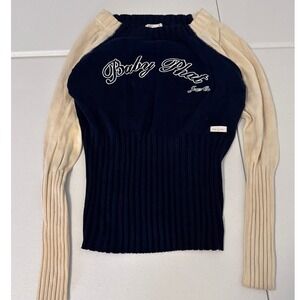Baby Phat Jean Co Navy Blue Cream Ribbed Knit Raglan Sleeve Logo Sweater j3